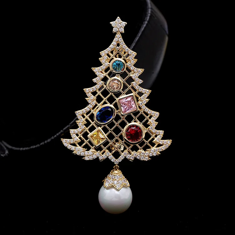 High Quality  Crystals CZ Cubic Zircon Christmas Tree Brooch Pin  Broach Pendant for Women Girl Jewelry Xmas Tree Gift THB008