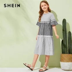 SHEIN Kiddie/Платье-туника в мелкую клетку и полоску для девочек 2019 г., Летние Повседневные платья-миди с оборками, рукав-Волан