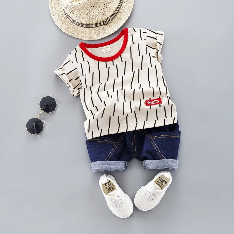 JIOROMY Children's Garment Short Sleeve Suit Stripe Cartoon Twinset Male Girl Children Suit - Цвет: 309159 Beige