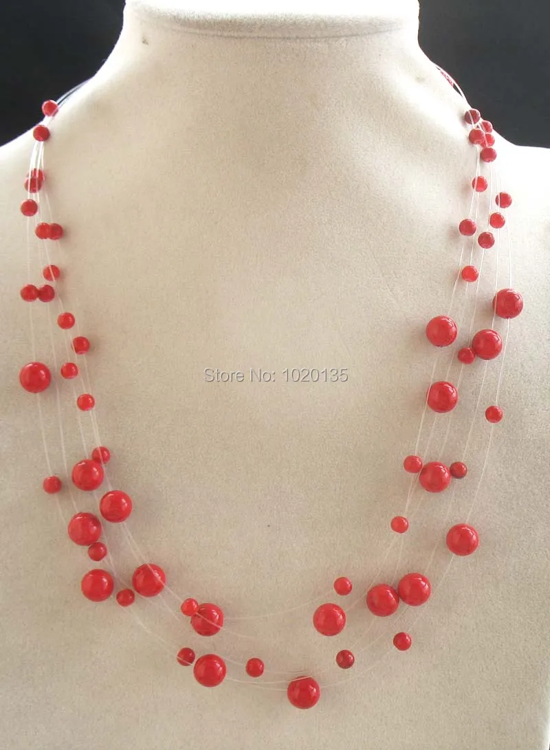 

5rows red coral necklace manmade round 6-8mm 16-19inch wholesale beads FPPJ
