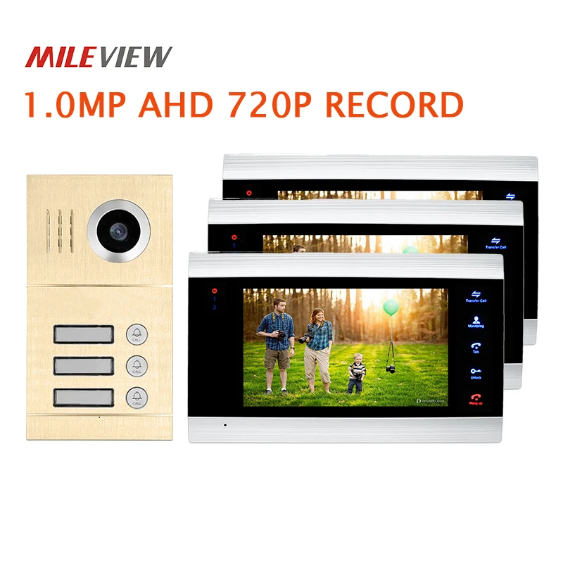 

Free Shipping 3 Apartment House 720P AHD 7" Video Intercom Door Phone Motion Detection Kit 3 Record Screens + IR Doorbell Camera