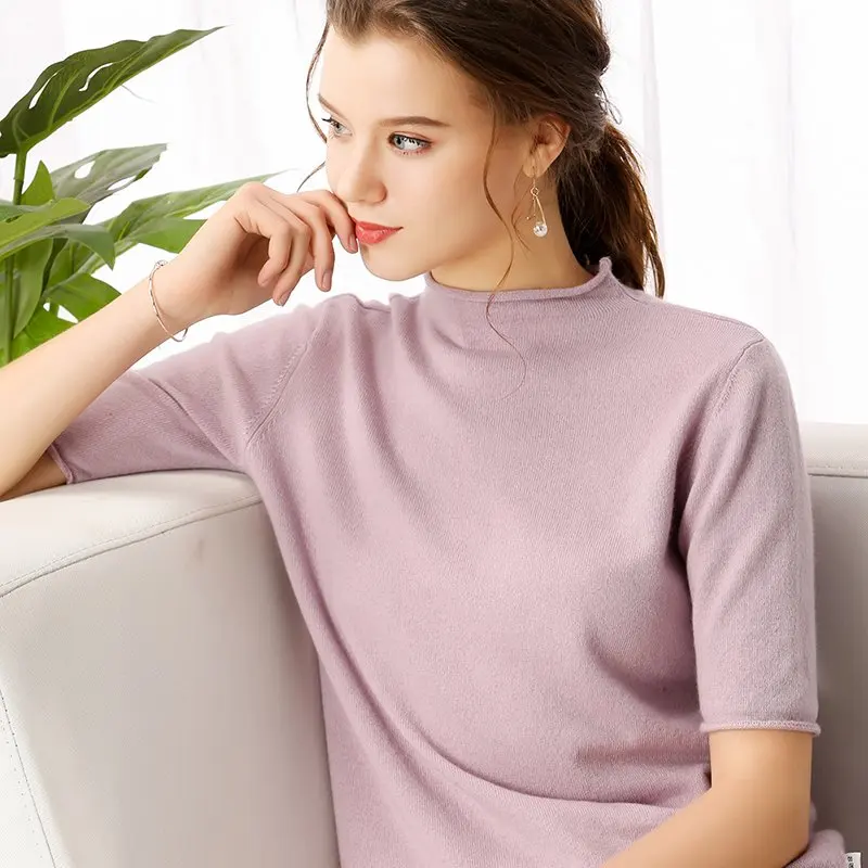 Новинка, весенне-летний женский свитер с круглым вырезом, пуловер с коротким рукавом, кашемир, базовая стильная футболка, джемпер, Одноцветный, повседневный 9203 - Цвет: Pale Pink