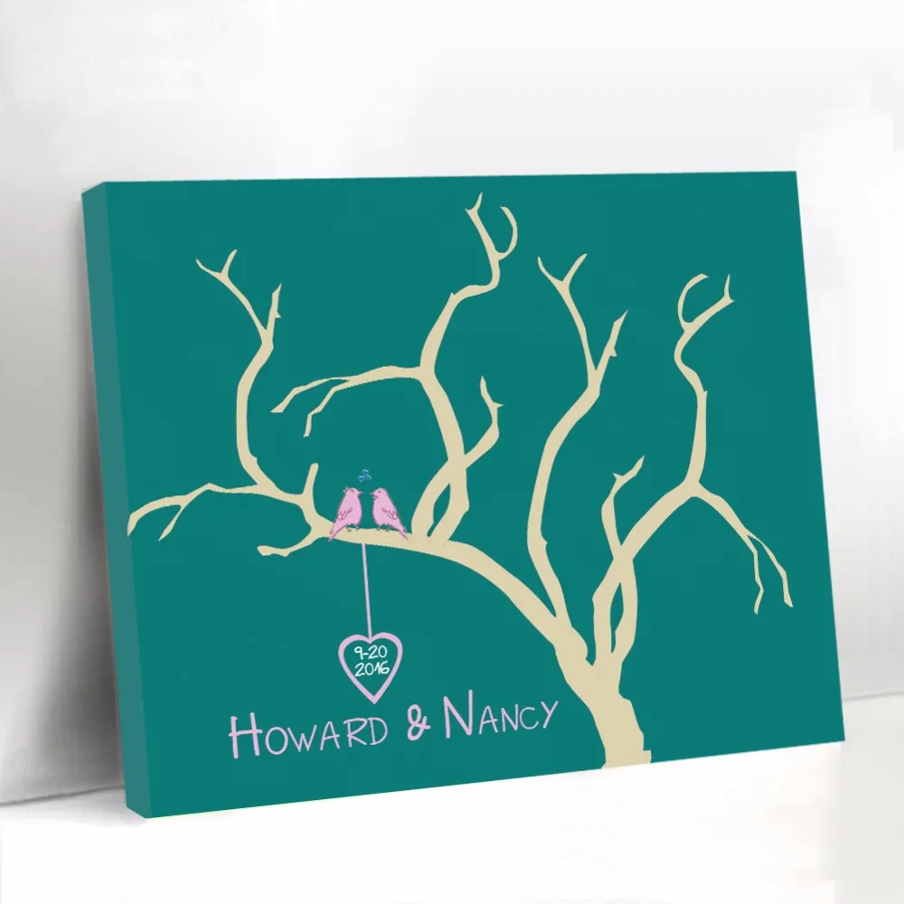 

Personalized Wedding Guest Book with Pink Bird Heart Canvas Fingerprint Tree Guest Book Baby Shower Signature Name Guest Book
