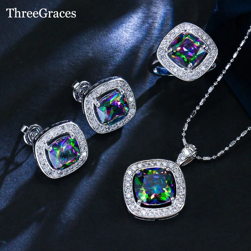 

ThreeGraces New Arrival Fashion Ladies Jewelry 925 Sterling Silver Square Rainbow Mystic CZ Ring Earrings Necklace Set JS194
