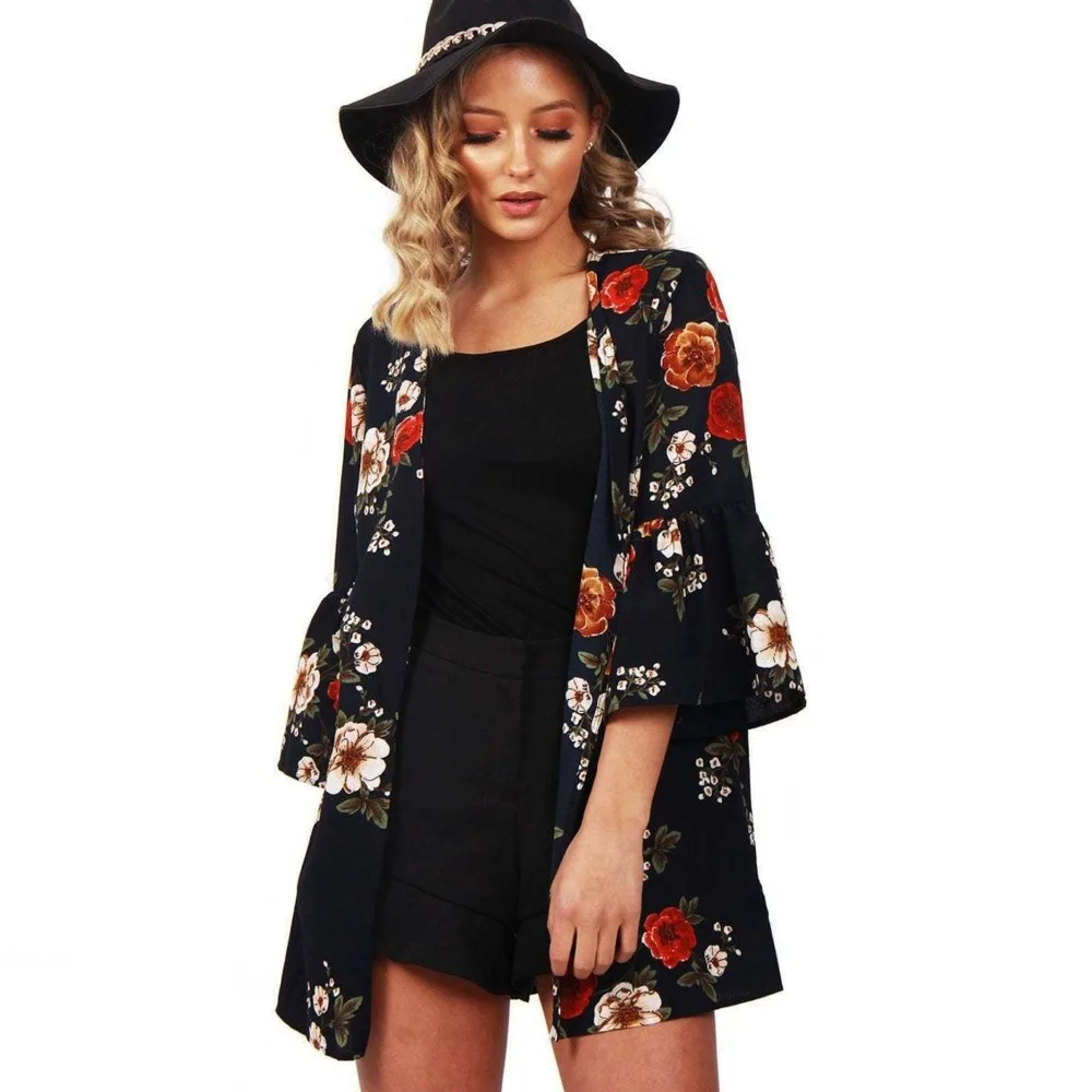 

Hots Womens Blouses Fashion Sexy 3/4 Sleeves Floral Printed Long Cardigans Coat Lady Casual Blusas Camisas Mujer Black Navy Tops