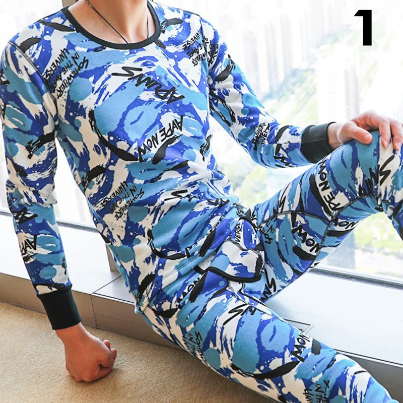 Для мужчин пижамы хлопок пижамный комплект с круглым вырезом с длинным рукавом Домашняя одежда плюс размеры Мужской нижнее бельё для