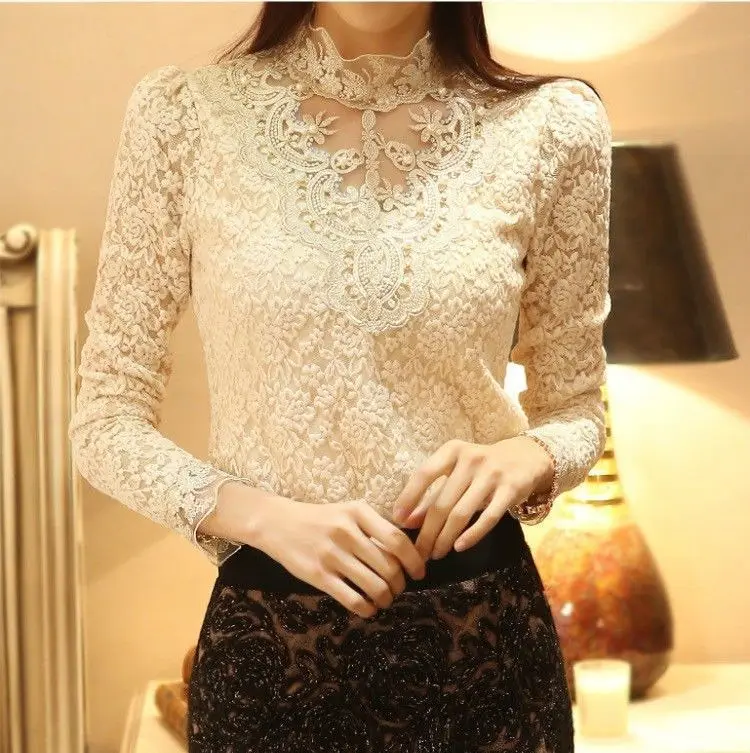 

Hot Women's Clothing Long Sleeve Lace Tops Shirt Blouse Ladies Korean Fashion Lace Floral Shirt For Office Lady Elegant Tops