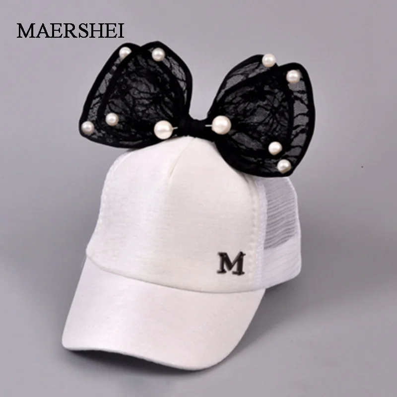 MAERSHEI Cute Girls Mesh cap Summer Children Baseball Cap Girls Rabbit Ear Pearl Big Bow Kids Sun Hat Snapback Hip Hop Caps