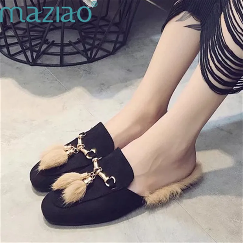 

Women's Fashion Slip on Mule Loafer Flats Shoes Slides Slippers New Casual Metal Decoration Fluffy Flip Flops MAZIAO