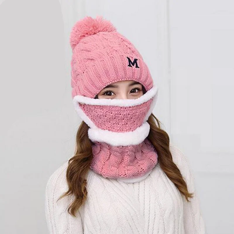 A Set Of girls Women Winter Hats Scarves Masks Cotton Knitted Hat Scarf Set For Male Female Winter Accessories 3 Pieces Hat Scar