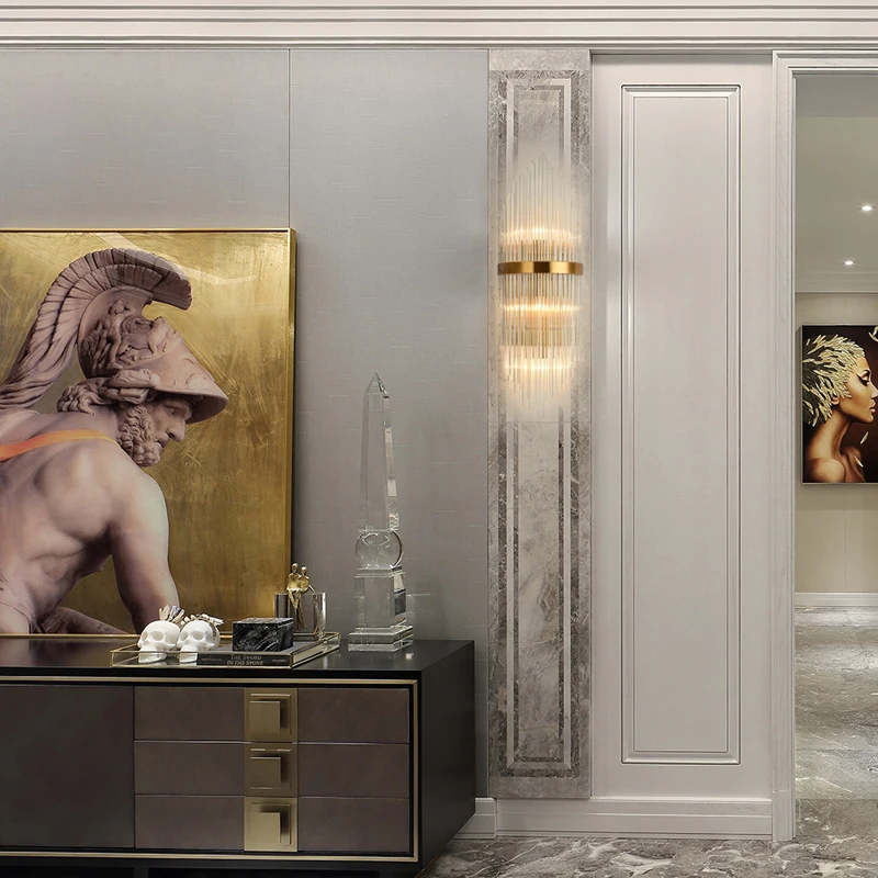 

modern light luxury crystal wall lamp, Nordic bedroom bedside TV background wall lamp, European corridor staircase lamp