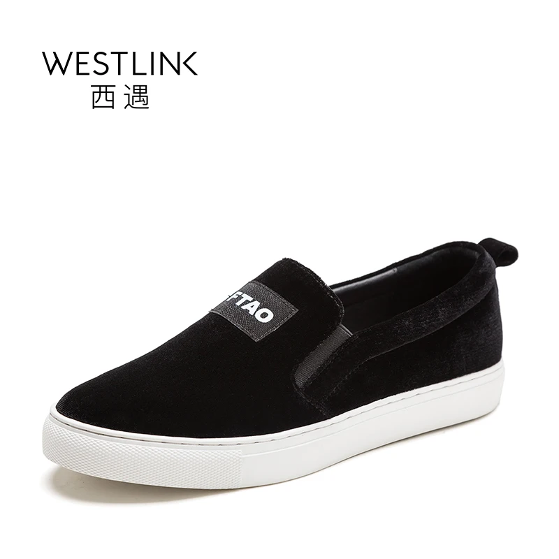 

Westlink 2017 Spring New Suede Letters Stitching Round Toe Deep Slip-on Flat Women Shoes Black Grey