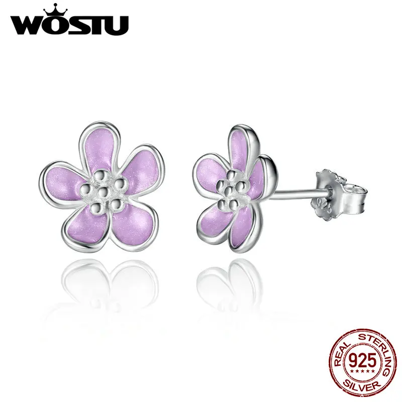 

WOSTU 100% Real 925 Sterling Silver Romantic Cherry Blossom Stud Earrings For Women Original Jewelry Gift XCHS454