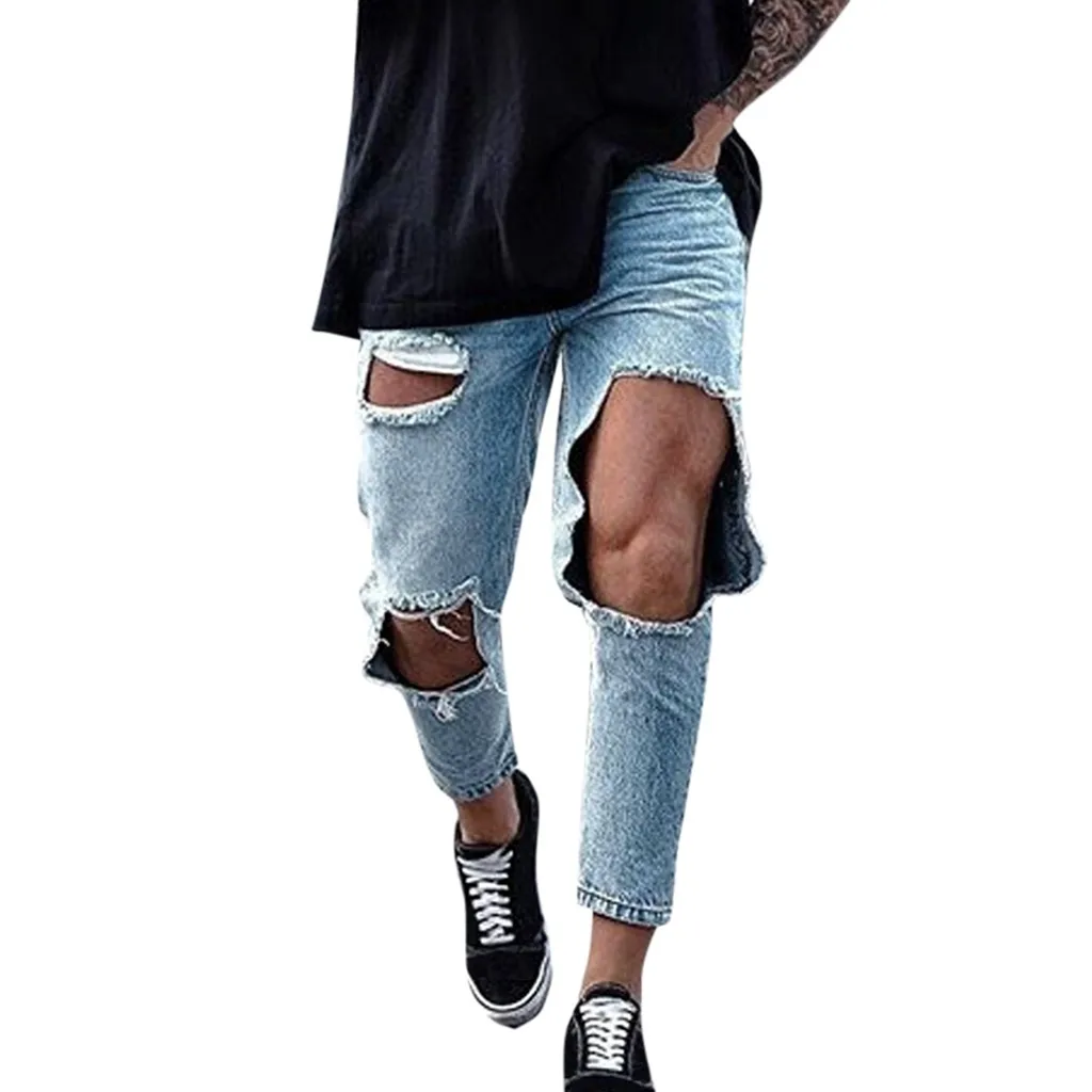 

Bigsweety New Men's Denim Pant Stretch Destroyed Ripped Design Fashion Ankle Pants Zipper Skinny Jeans For Men Plus Size Jeans