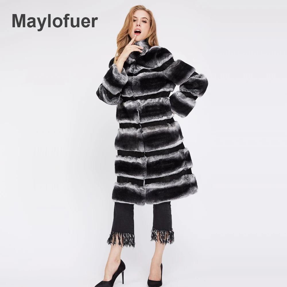 Maylofuer Длинное пальто Rex Rabbit Ms. Натуральный мех кролика Зимняя шуба из шиншиллы с