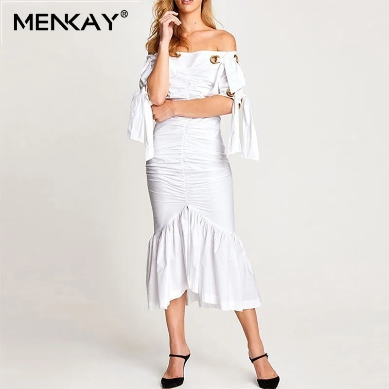 

[MENKAY] Elegant Summer Beach Dress For Women Off Shoulder Short Sleeve High Waist Bodycon Bowknot Ruffle Long Dresses