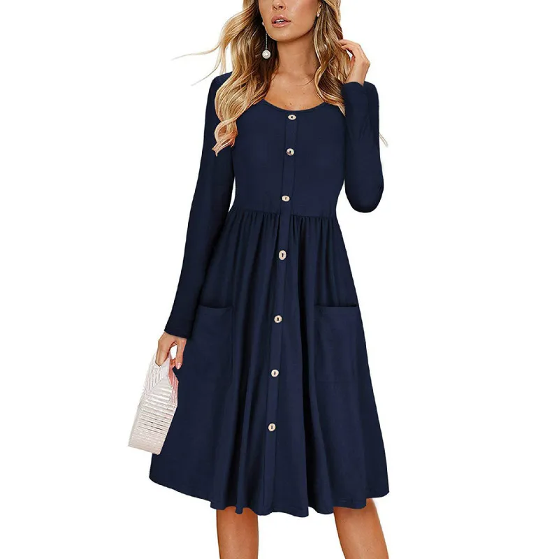 2018 New Autumn Winter Dress Women Long Sleeve Button Pocket Slim Elegant Dress Pure Color Party Dress Dresses