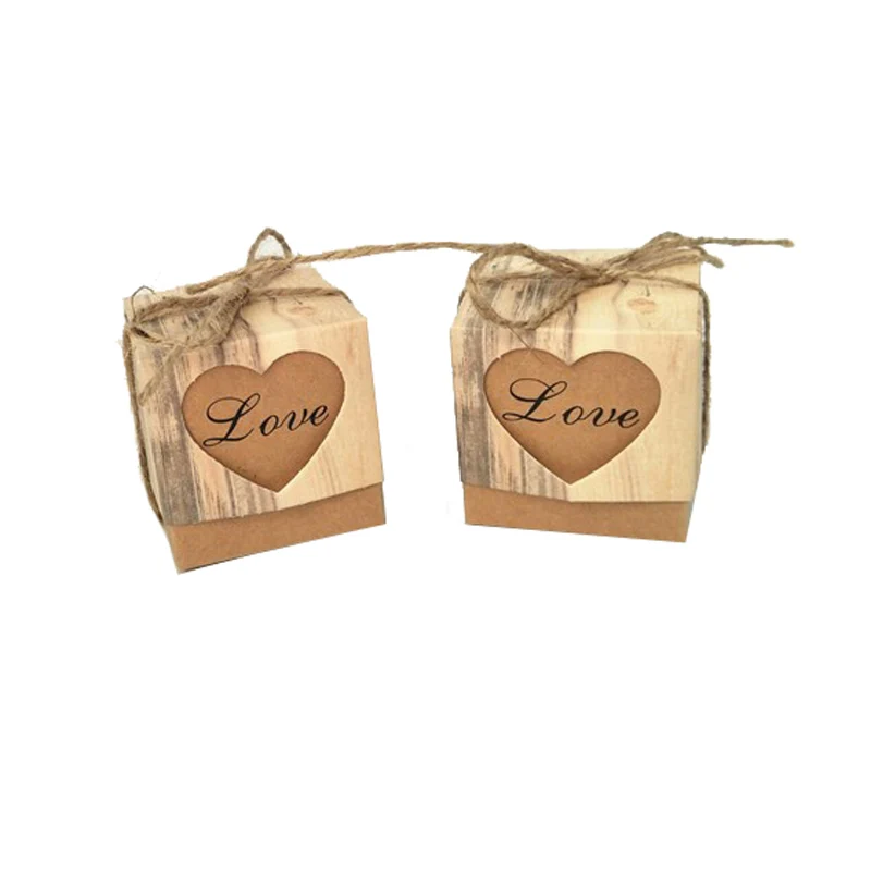 

100 Pcs/ot Heart In Love Kraft Candy Box with Burlap Chic Vintage Wedding Favor Gift Boxes 5*5*5CM pacco regalo