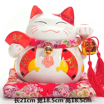 

Ceramic Lucky Cat ornaments red fan cat piggy ornaments business gifts gift cat