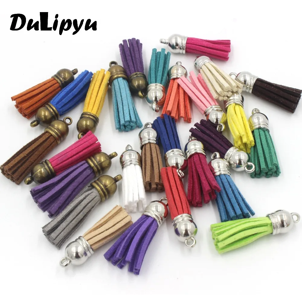 

Hotsale 35mm 20pc Suede Leather Tassel Fiber Fringe Tassel Antique Bronze/gold/silver Caps Stopper Charms For Keychain JWD248