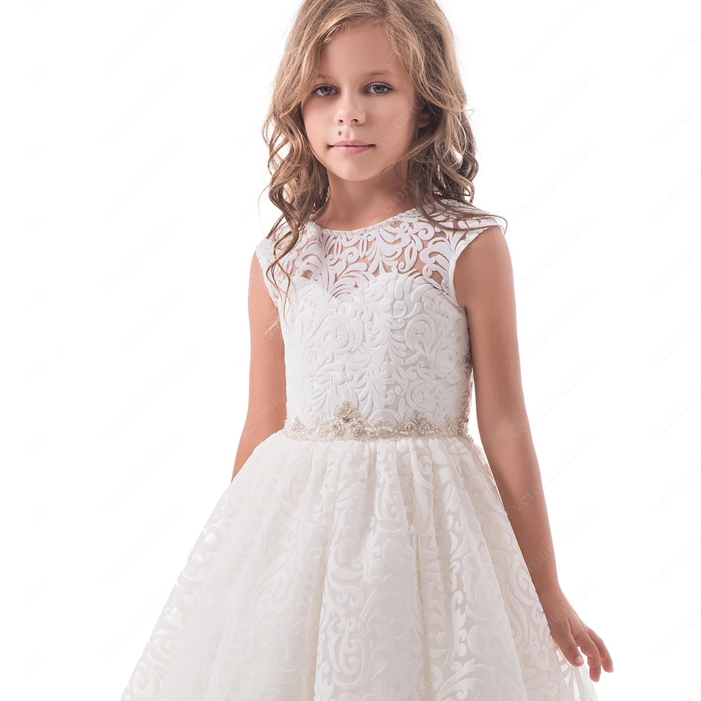 

Ivory White Customized Girls First Communion Dress Crystal Belt Lace Appliques Birthday Gowns Flower Girl Dress lx