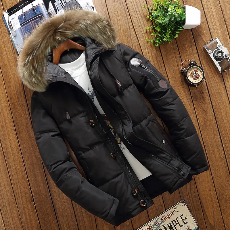 Новинка, мужская зимняя куртка на утином пуху, мужской свободный пуховик с меховым капюшоном, Толстая теплая парка, повседневные мужские пальто