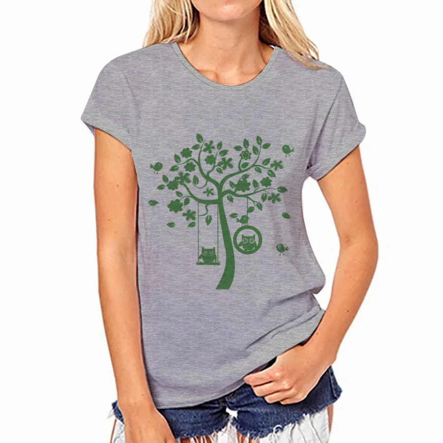 

New Foreign Trade Gray Printed T-shirt with Woman Round Neck and Short Sleeve Tree