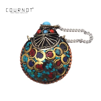 

COURNOT Delicate Tibetan Coral Gemstone Brass Spoon Snuff Bottle Pendant Turquoise Coral Metal Snuff Snorter Dispenser Nasal