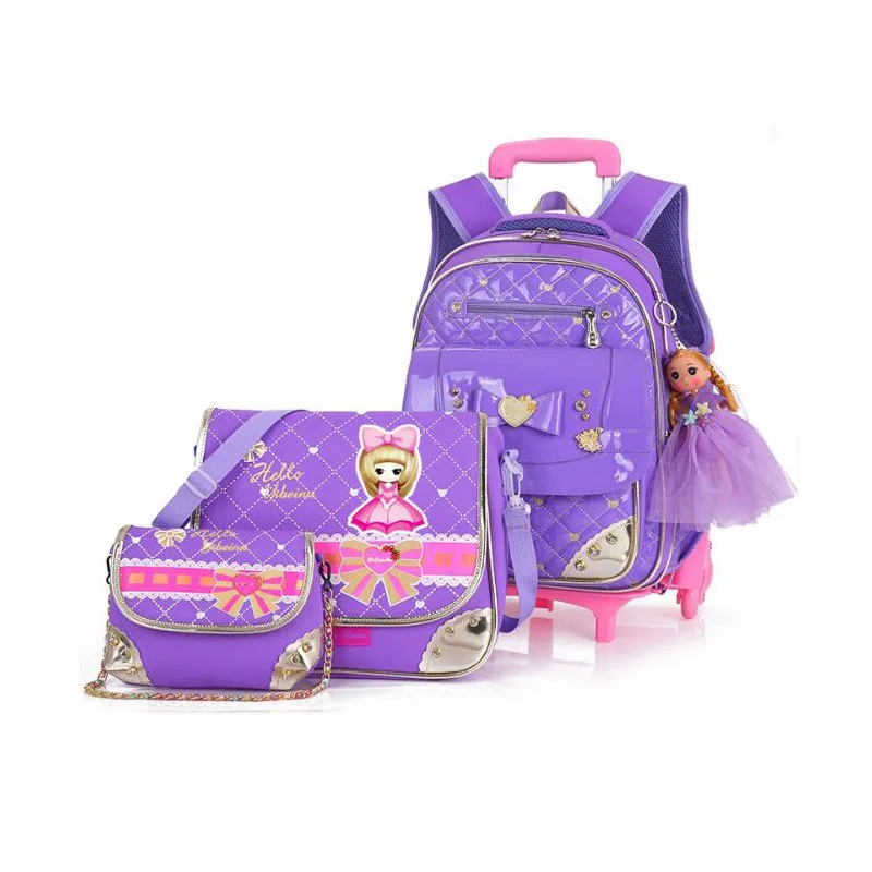 Школьные сумки для девочек с 3 колесами мультяшная Съемная школьная сумка на колесах водонепроницаемые нейлоновые детские Студенческие рюкзаки большой емкости - Цвет: purple