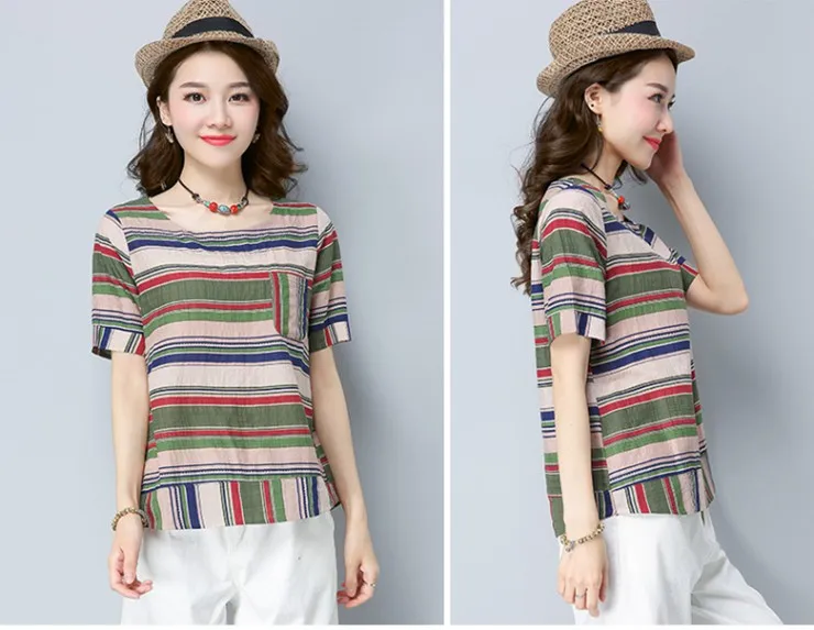 Cotton Linen Blouse Shirt Female Colourful Striped Tops Ladies 2018 New Summer Short Sleeve Women Shirts Rayas Blusas Mujer Mode (3)