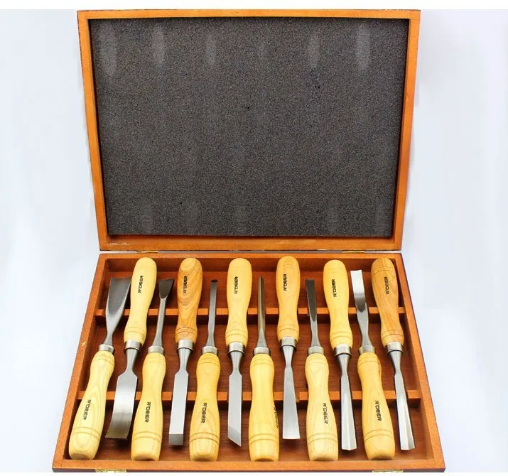 12pcs Wood carving tool set with wood Case packing, 12pcs Carving