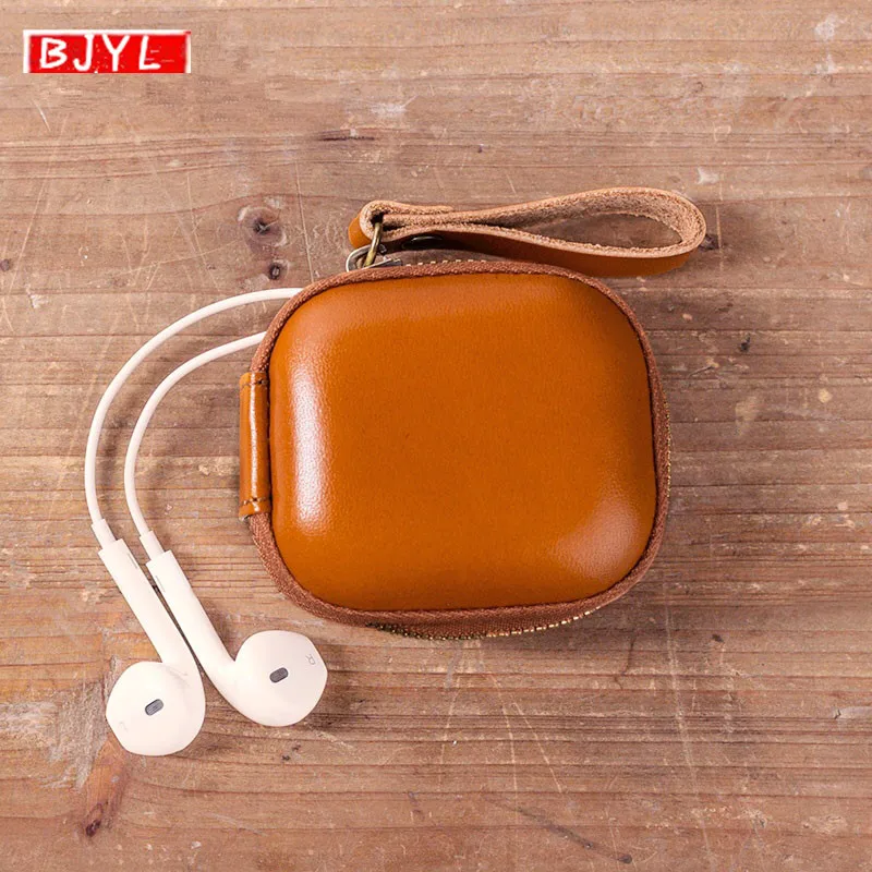 

BJYL Portable headphones condoms cover Baotou layer cowhide real genuine leather shockproof protection box zero wallet