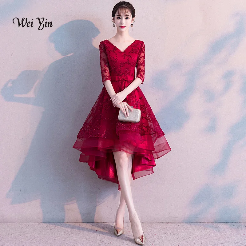 

weiyin Short Front Long Back Wine Red Lace Evening Dresses 2019 V-neck High Low Mother Of The Bride Dresses WY901
