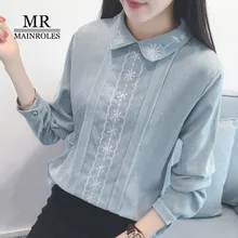 MAINROLES 2017 Female Top New Embroidered Blouse Woman White Shirt Women Clothing Corduroy Doll Collar College Pullover shirt