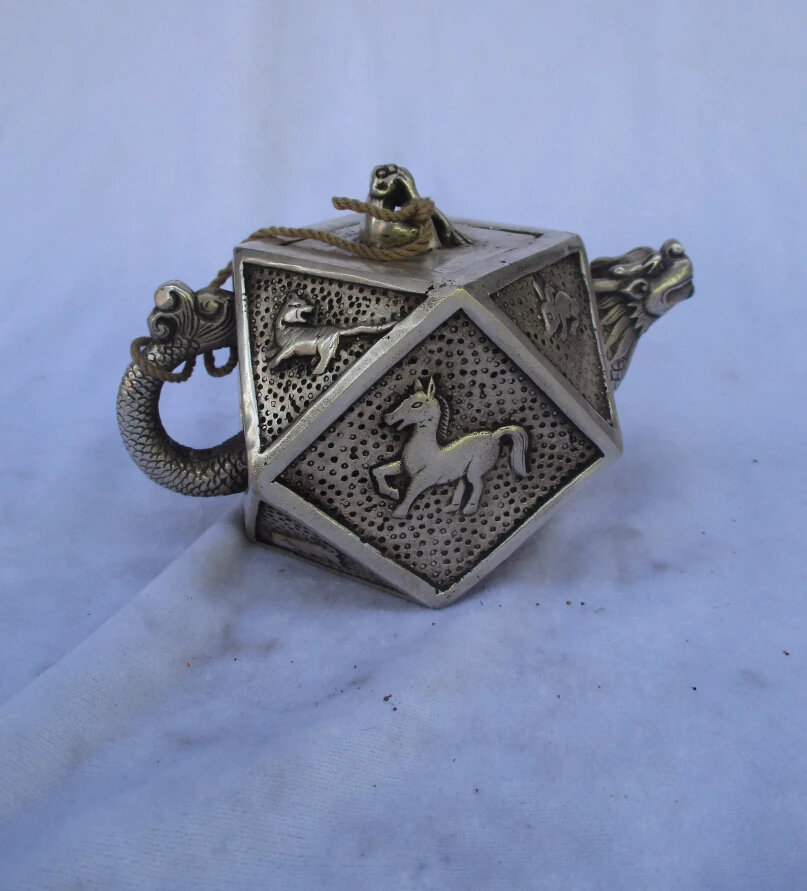 

Collectible Decorated Old Handwork Tibet Silver Carved 12 AnimalsTeapot/Flagon 000015