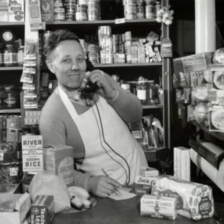 Portrait of a grocer taking order on the telephone Poster Print (24 x 36)