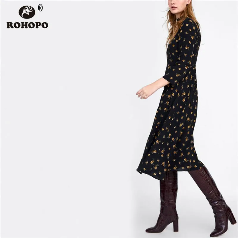 ROHOPO/осеннее платье средней длины с длинными рукавами и принтом маргариток черное