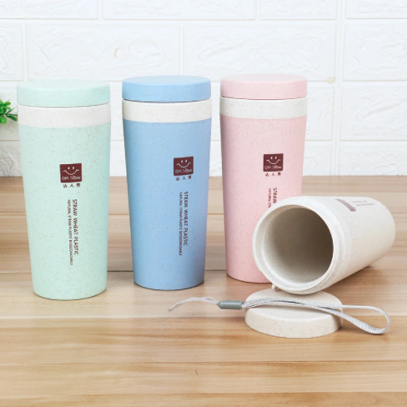 

Wheat straw double-layer mug creative Eco-friendly insulation sealed leak-proof cupcoffee thermos cup student hand cup with rope