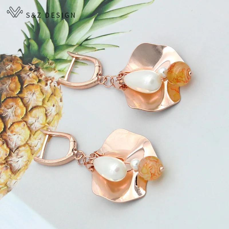 S&Z DESIGN New Cute Flower Water Drop Imitation Pearl Dangle Earrings For Women 585 Rose Gold Color Wedding Jewelry