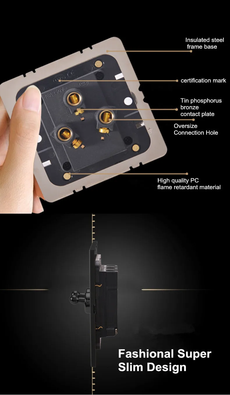 Черный цвет 2 gang 2 way настенный выключатель и AC220~ 250V нержавеющей стальной панельный светильник переключатель с цвет золотистый тумблер