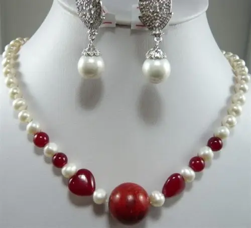 

White pearl& Ruby Necklace Shell Earring Set AAA style Fine Noble real Natural free shipping