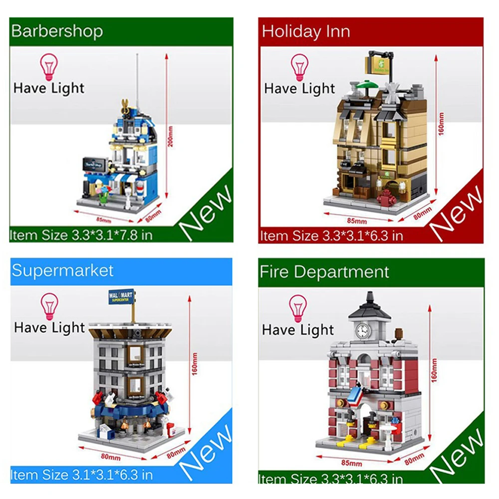

4pcs/set Mini Street View Building Blocks Bricks Toys MOC Barber Shop Fire Station Holiday Inn Supermarket Blocks Toys Kids Gift