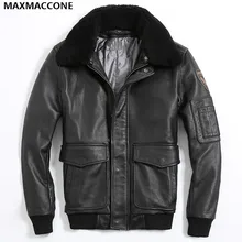 Черная мужская кожаная куртка пилот шерстяной воротник размера плюс 3XL Натуральная Воловья Кожа Мужская русская военная куртка Авиатор