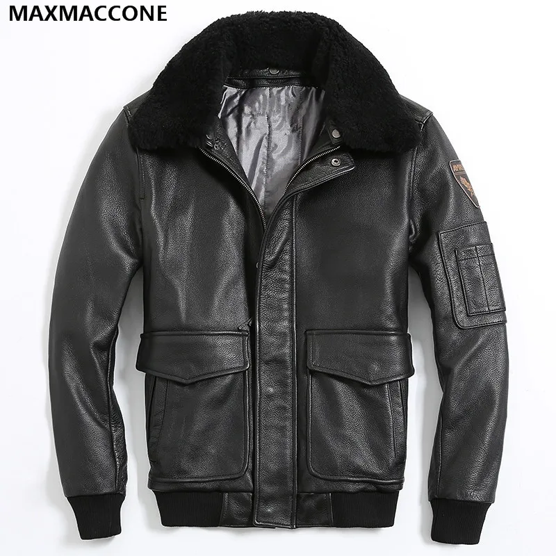 Buy 2018 Black Men Pilot Leather Jacket Wool Collar