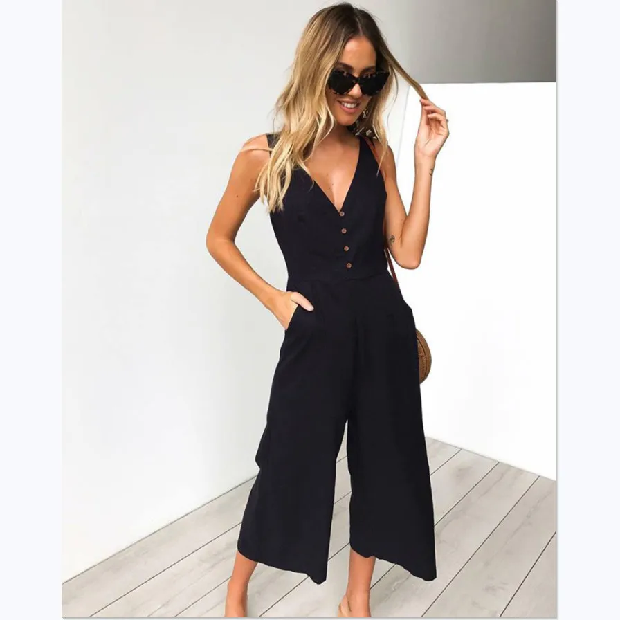 2019 New Lady Womens 3Color Cotton Causual Office Playsuit Deep V Neck Slim Solid Bodysuit Party