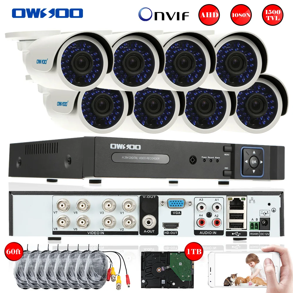 OWSOO Full 1080N/720 P AHD 8CH DVR 1 ТБ HDD 1500TVL наружная система видеонаблюдения камеры HDMI цифровой видеорегистратор Onvif 8*720 P Водонепроницаемая ИК-камера