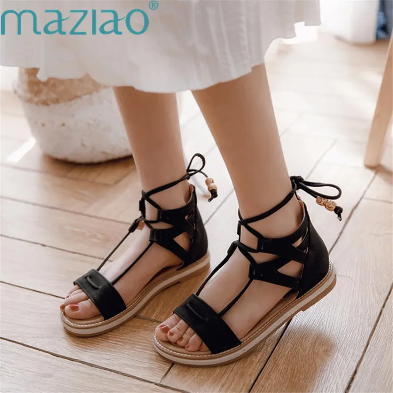 

Sandals Solid Color Suede Open Toe Lace-up Comfortable Bohemia Beach Rubber Shoes Woman Sandals Flat Sandals MAZIAO