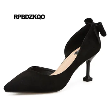 

Navy Blue Pumps Office Cheap D'orsay Bow Evening Women Suede Black High Heels Elegant 2018 Pointed Toe Size 4 34 Shoes Thin