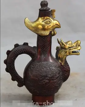 

8" Old Chinese Bronze Gild Dragon phoenix Bird Handle Water Wine Tea Pot Flagon