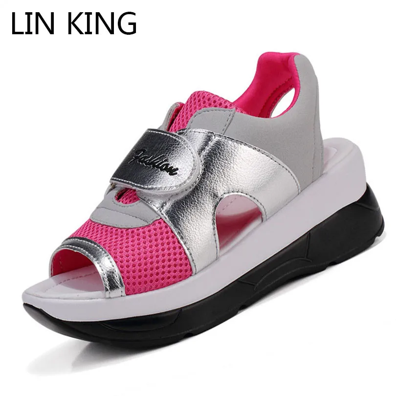 

LIN KING Fashion Height Increasing Women Sandals Breathable Lady Pierced Swing Shoes Peep Toe Wedges Platform Shoes For Students